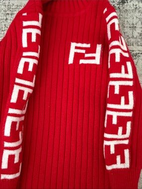 Red Ribbed Logo Knit Sweater Dress with White Accents